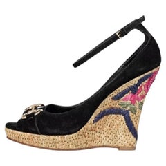 Gucci Black Suede Horsebit Wedge Sandals EU 37.5 with Silver Hardware