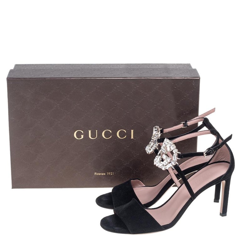 Gucci Black Suede Interlocking G Crystal Embellished Sandals Size 35.5