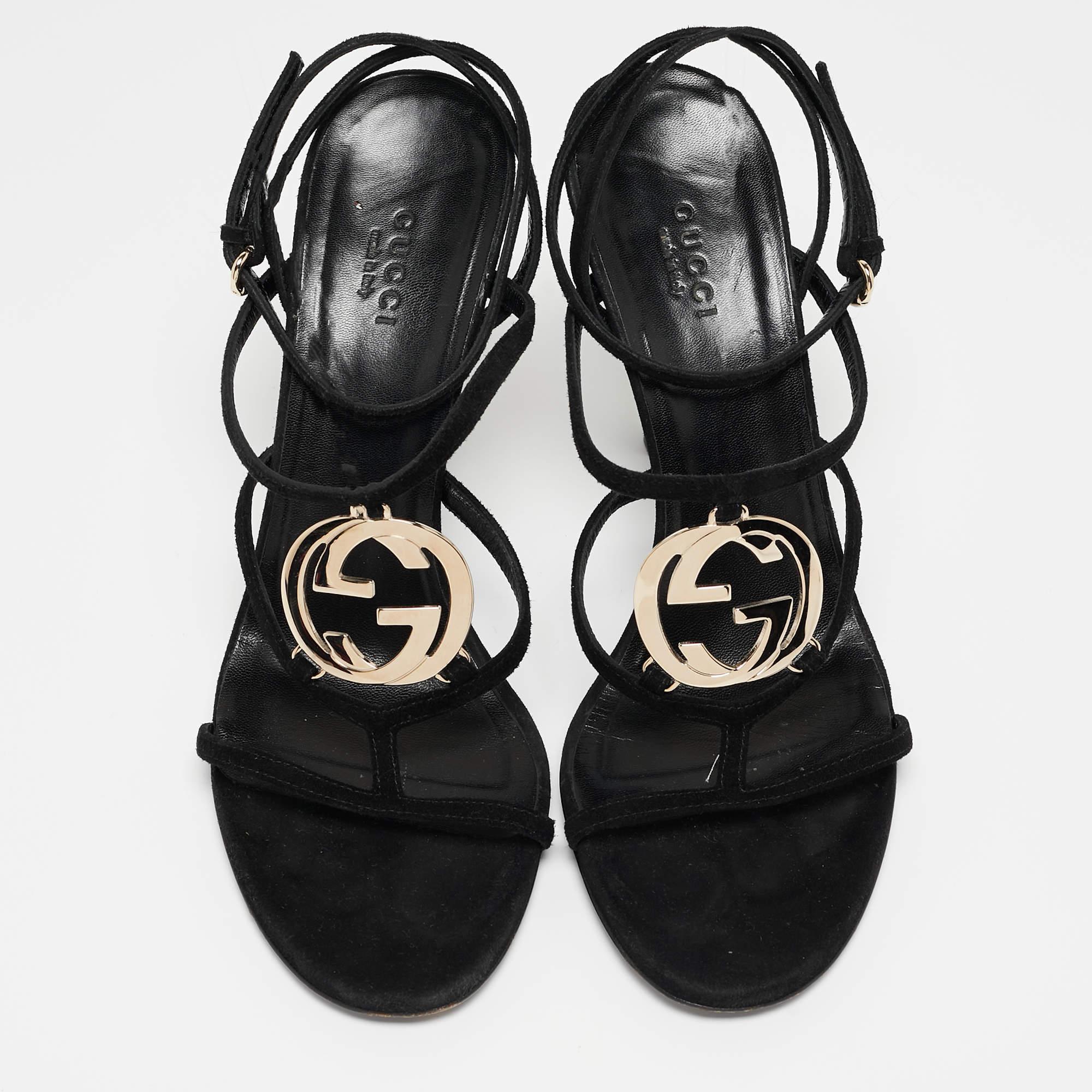 Gucci Black Suede Interlocking G Strappy Sandals Size 38 In Good Condition In Dubai, Al Qouz 2