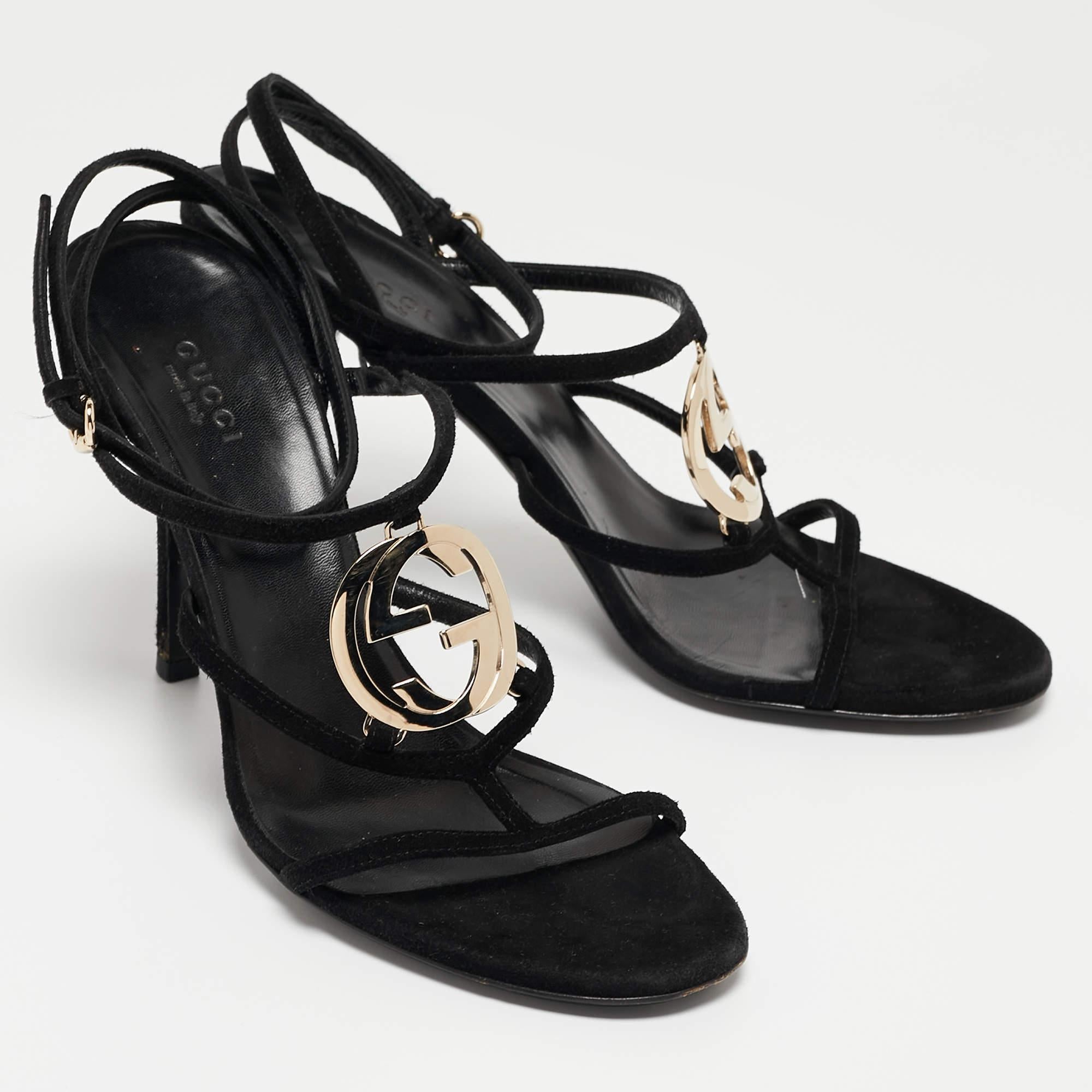 Women's Gucci Black Suede Interlocking G Strappy Sandals Size 38