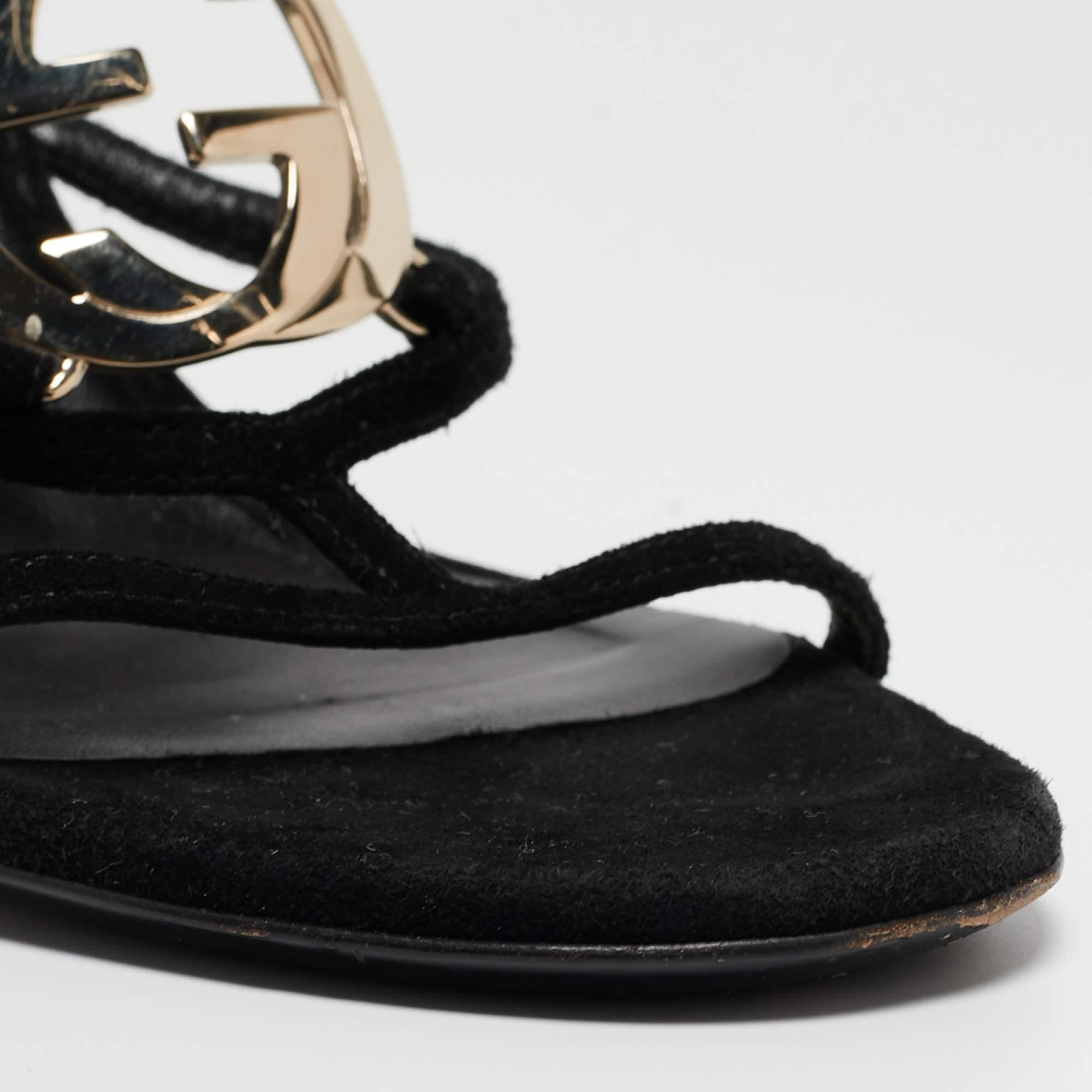 Gucci Black Suede Interlocking G Strappy Sandals Size 38 3
