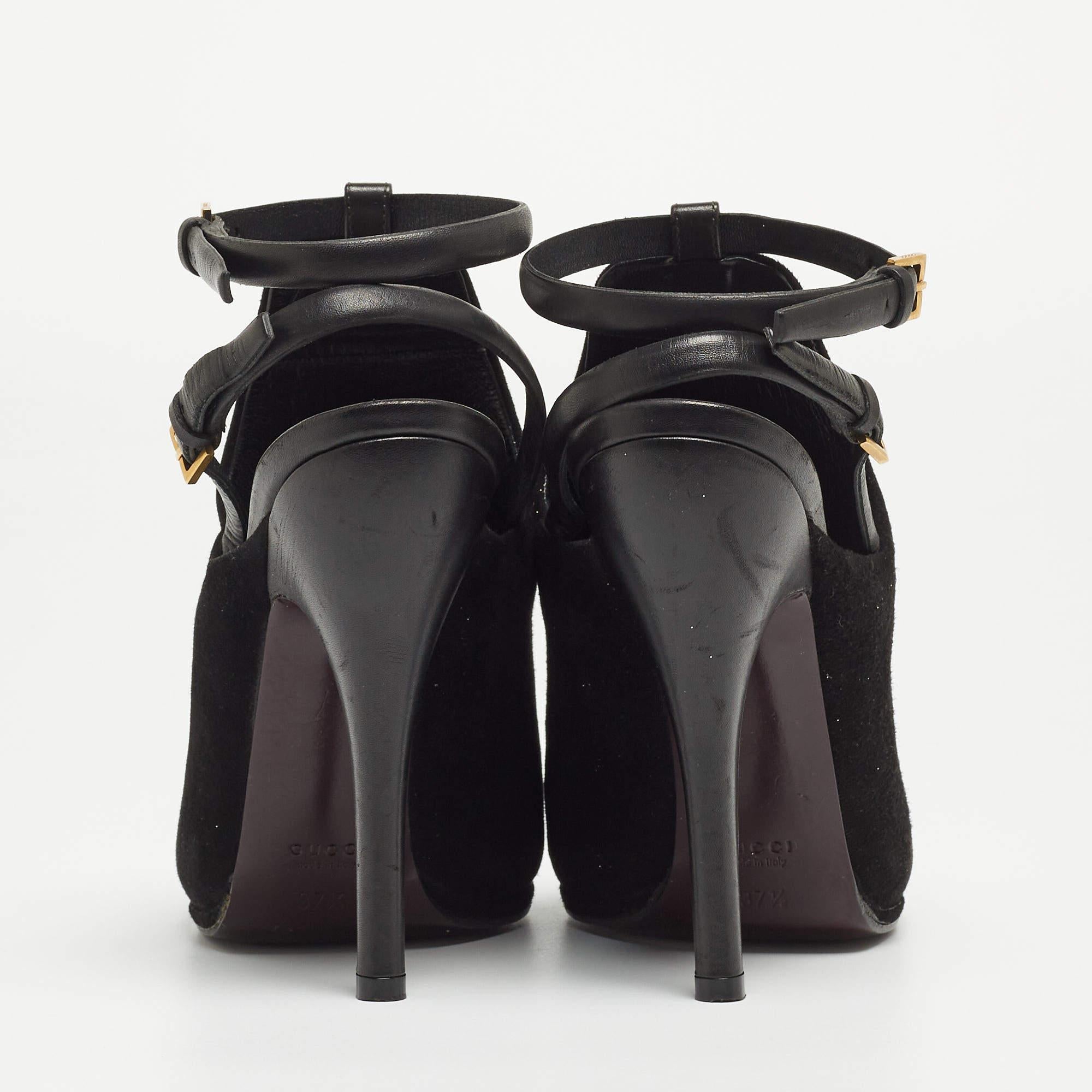 Gucci Black Suede Jane Peep Toe Booties Size 37.5 In Good Condition For Sale In Dubai, Al Qouz 2