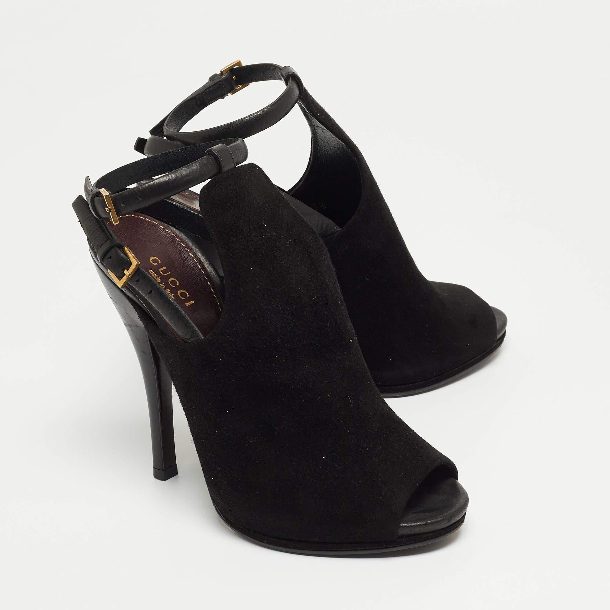 Women's Gucci Black Suede Jane Peep Toe Booties Size 37.5 For Sale