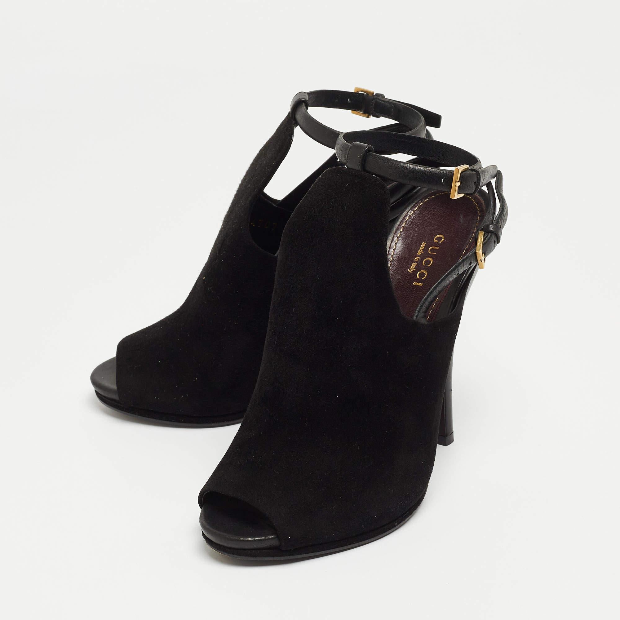 Gucci Black Suede Jane Peep Toe Booties Size 37.5 For Sale 1