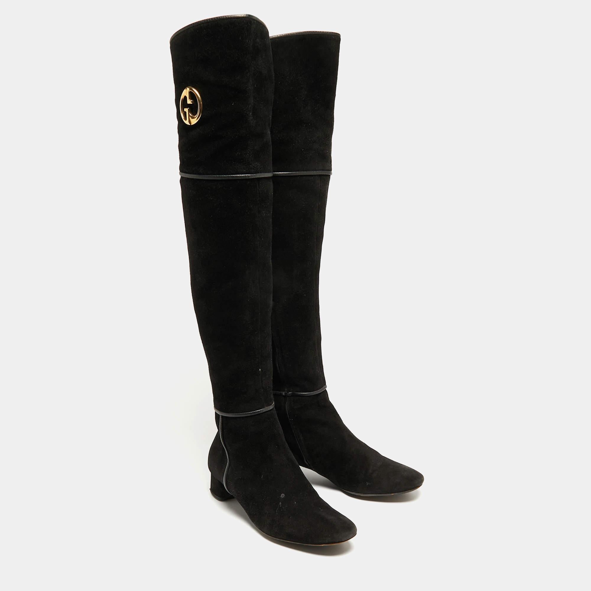 Women's Gucci Black Suede Knee Length Boots Size 38.5 For Sale