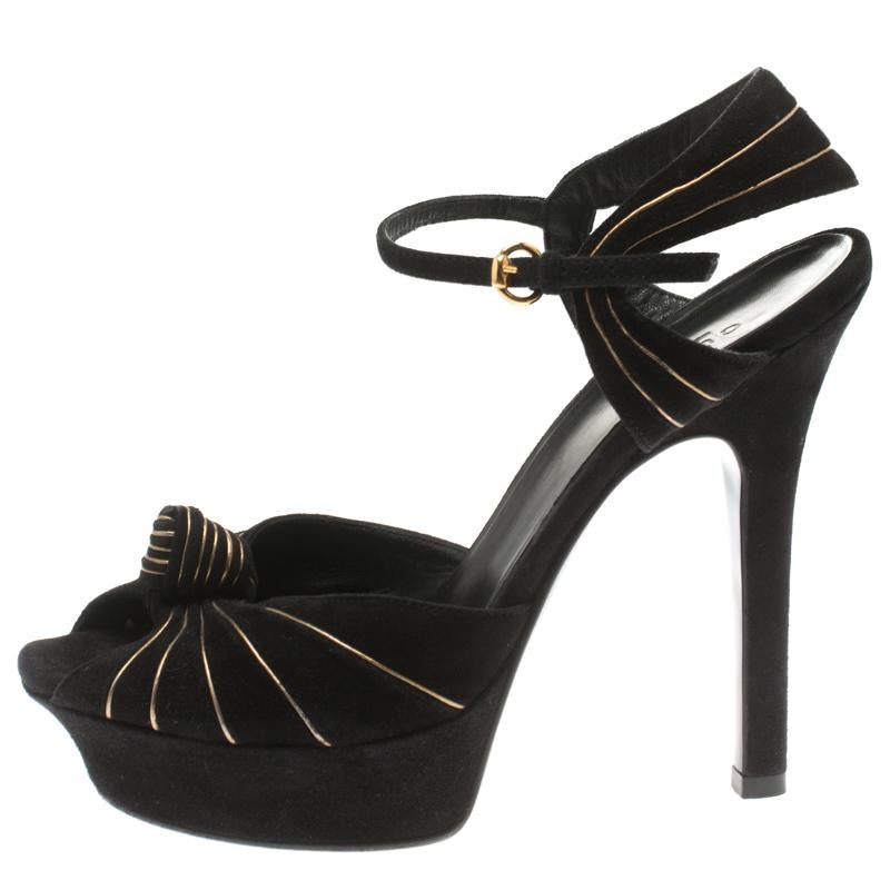 Women's Gucci Black Suede Knot Detail Peep Toe Platform Sandals Size 36