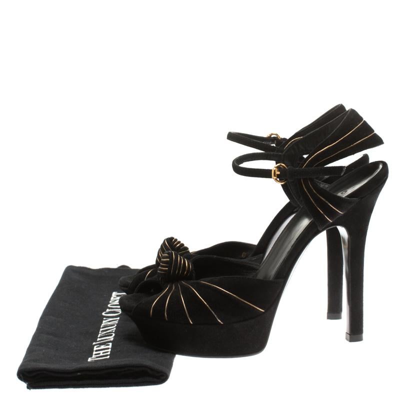 Gucci Black Suede Knot Detail Peep Toe Platform Sandals Size 36 3