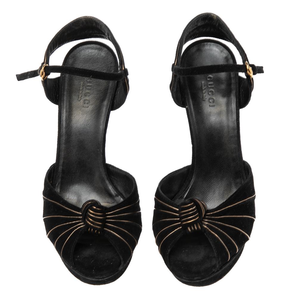 Women's Gucci Black Suede Knot Detail Peep Toe Platform Sandals Size 36.5