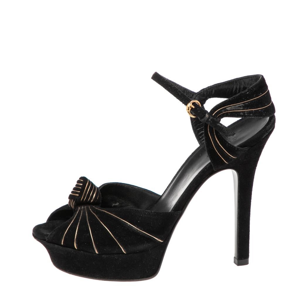 Gucci Black Suede Knot Detail Peep Toe Platform Sandals Size 36.5 1