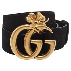 Gucci Black Suede Leaf Clover Interlocking G Belt 75CM