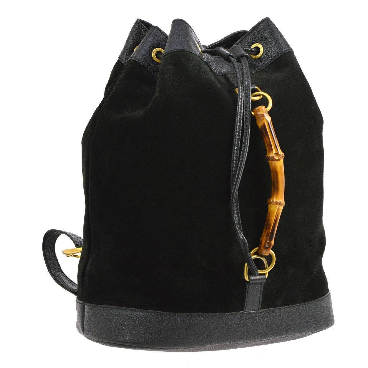 Gucci Black Suede Leather Bamboo 2 in 1 Top Handle Drawstring Backpack Bag