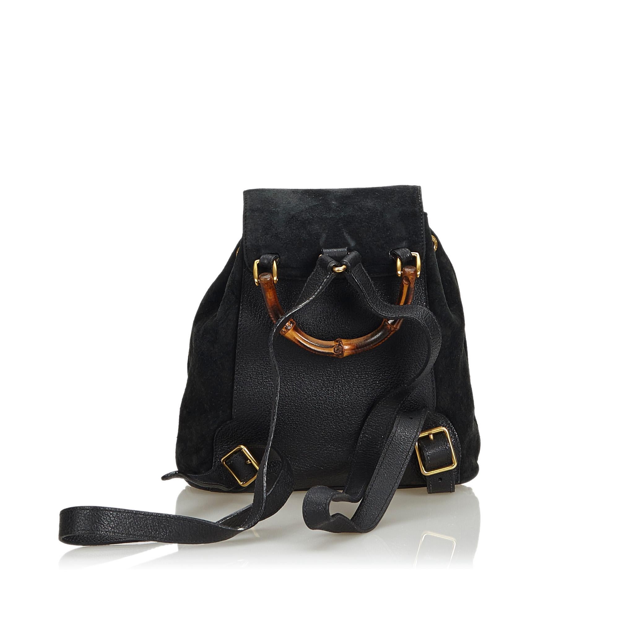 Gucci Black Suede Leather Bamboo Drawstring Backpack Italy In Good Condition In Orlando, FL