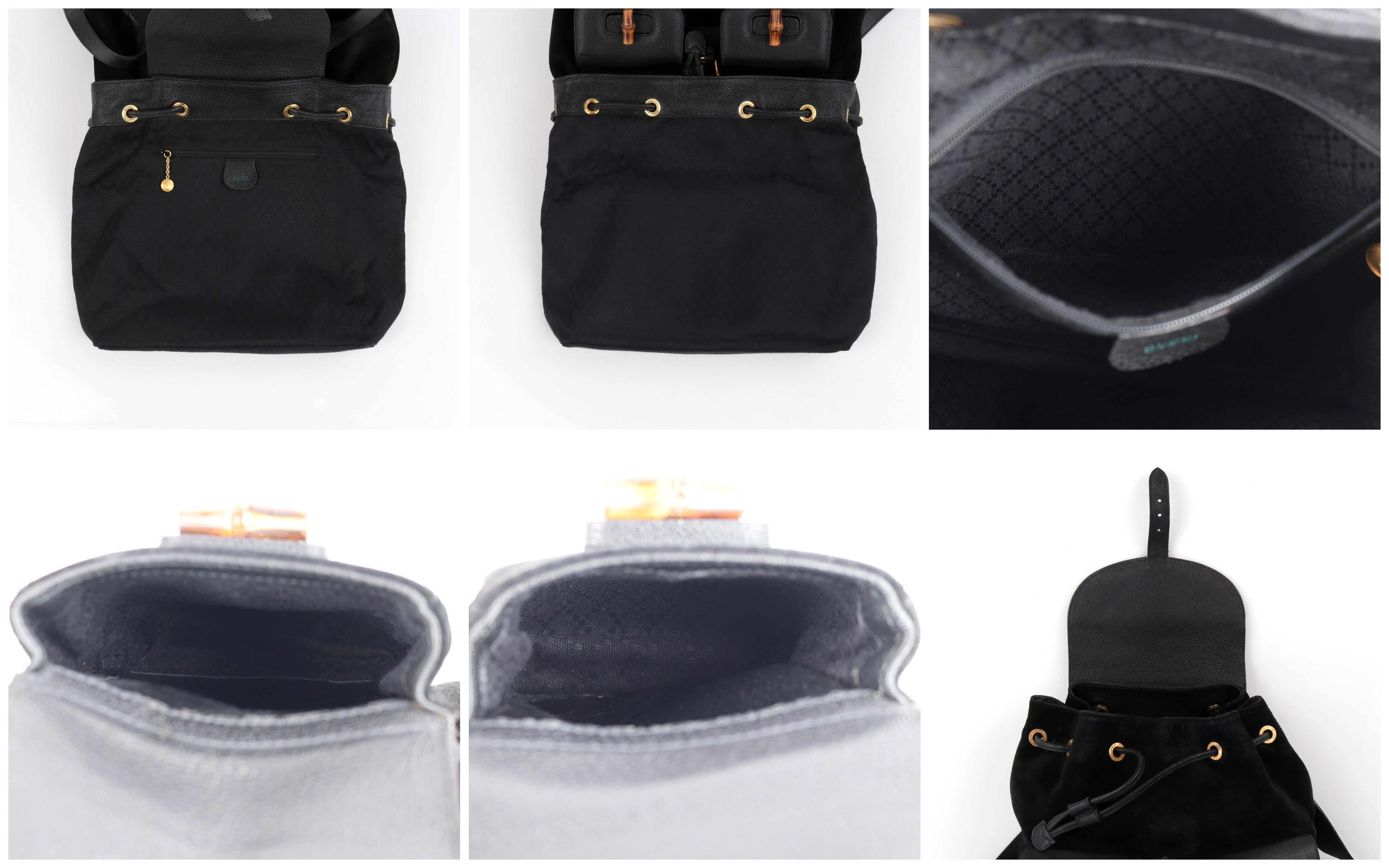 GUCCI Black Suede Leather Drawstring Bamboo Handle Two Pocket Backpack Handbag 6