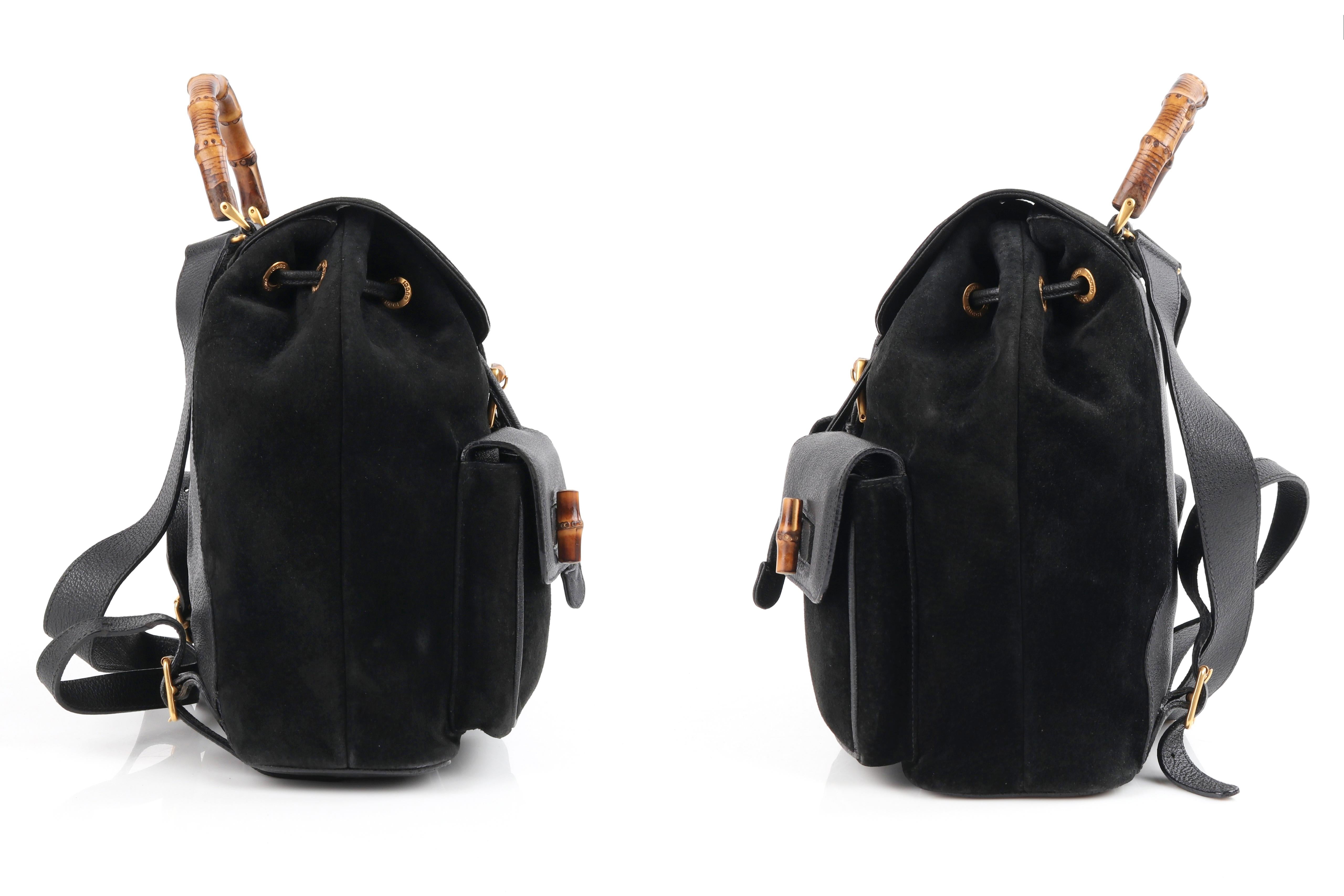 Women's GUCCI Black Suede Leather Drawstring Bamboo Handle Two Pocket Backpack Handbag