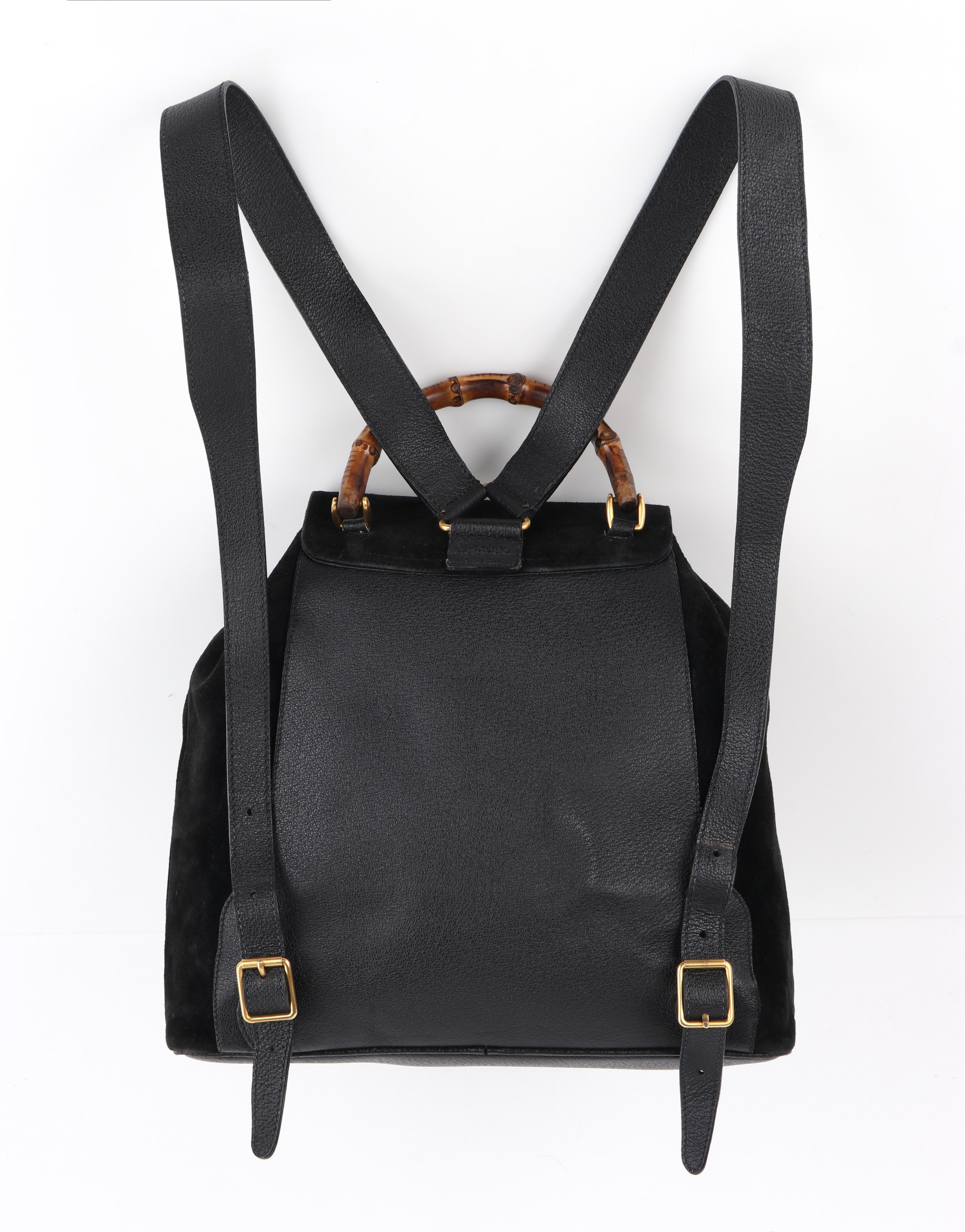 GUCCI Black Suede Leather Drawstring Bamboo Handle Two Pocket Backpack Handbag 1
