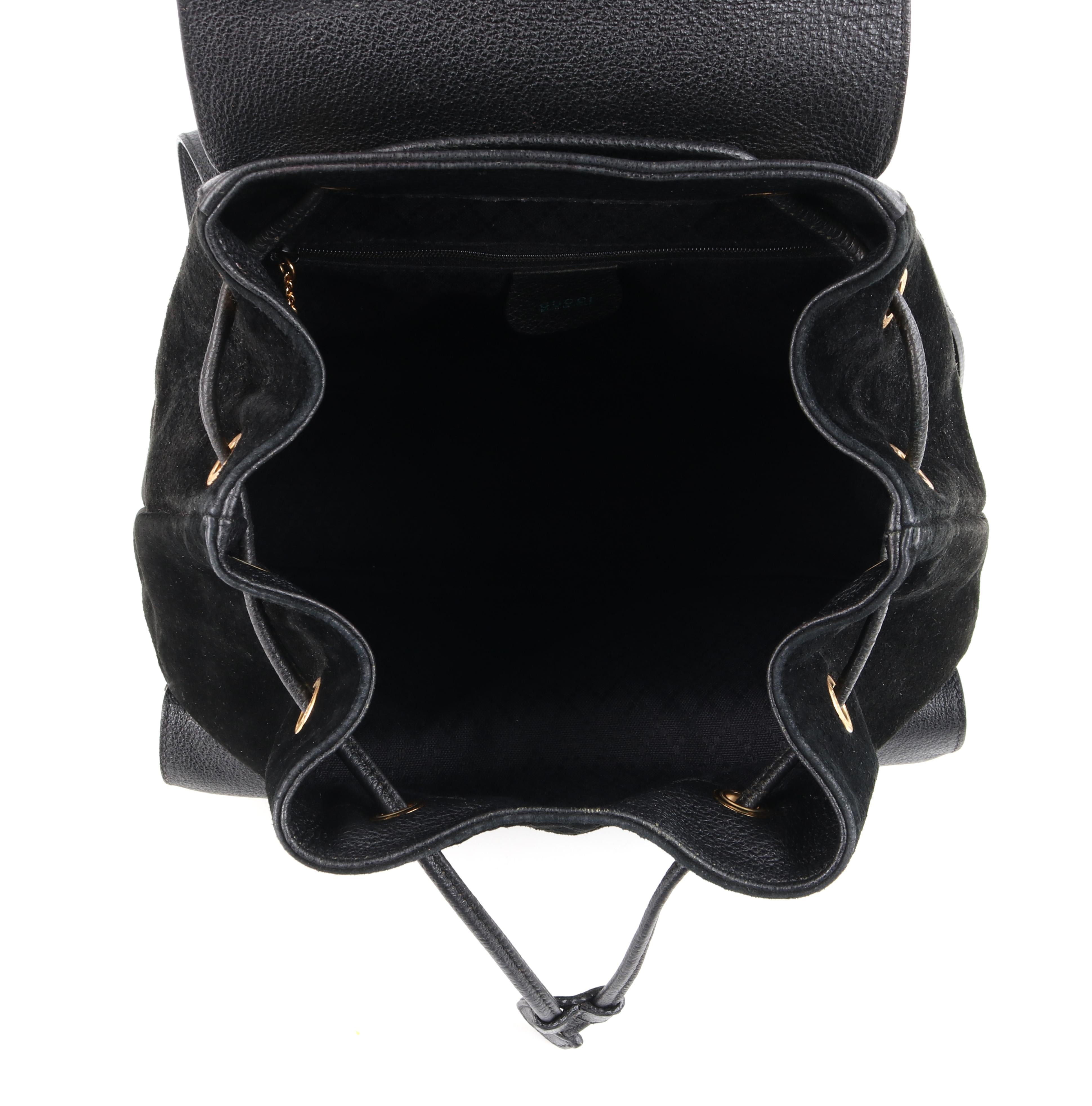 GUCCI Black Suede Leather Drawstring Bamboo Handle Two Pocket Backpack Handbag 2