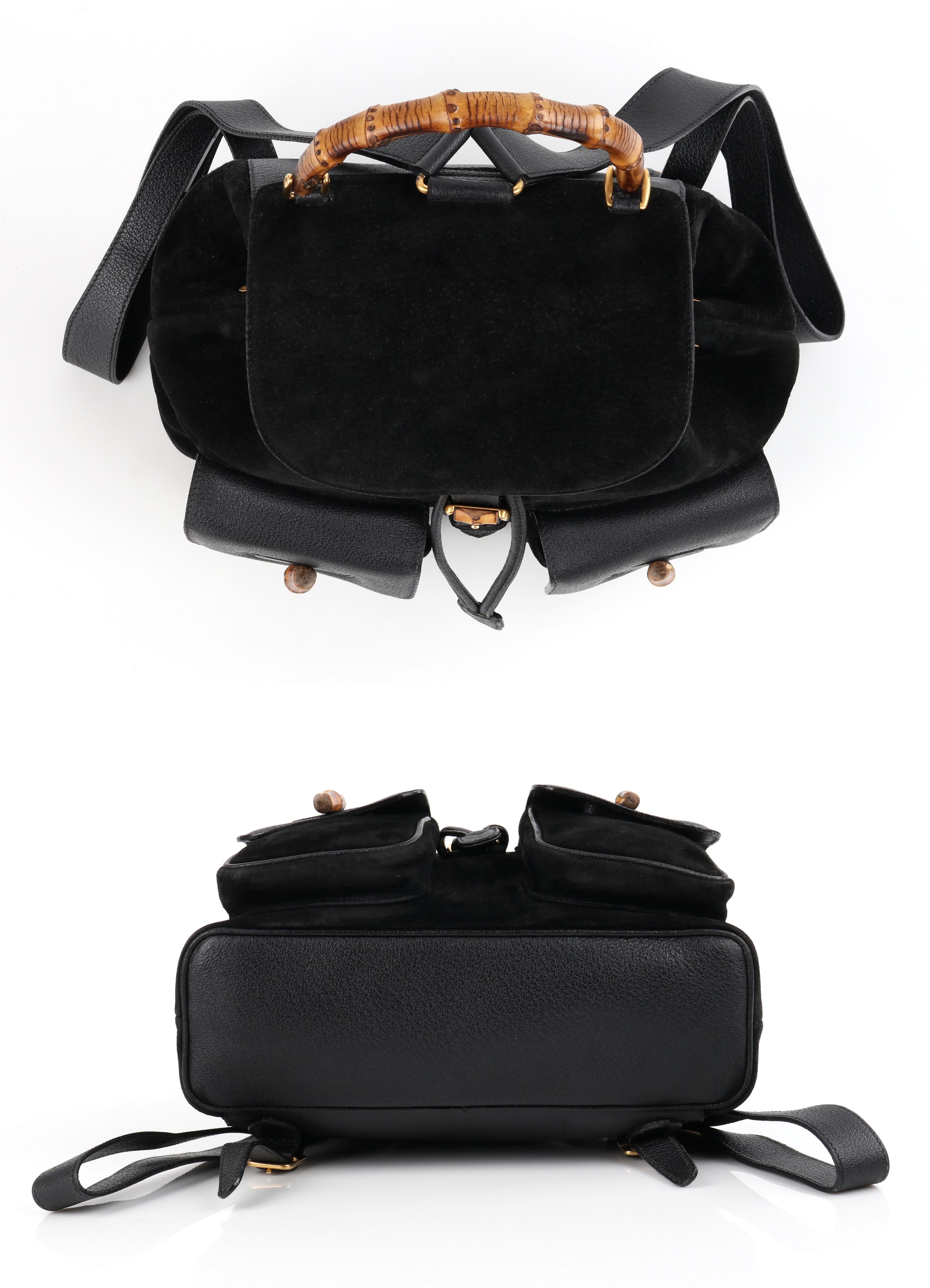 GUCCI Black Suede Leather Drawstring Bamboo Handle Two Pocket Backpack Handbag 3
