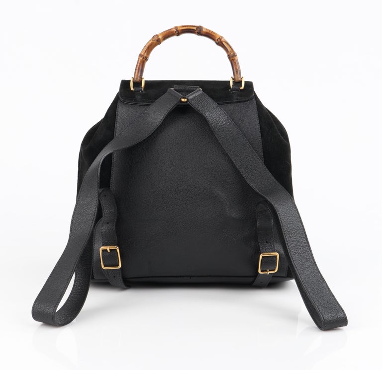 GUCCI Black Suede Leather Drawstring Bamboo Handle Two Pocket Backpack Handbag at 1stDibs