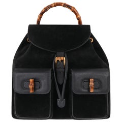 GUCCI Black Suede Leather Drawstring Bamboo Handle Two Pocket Backpack Handbag