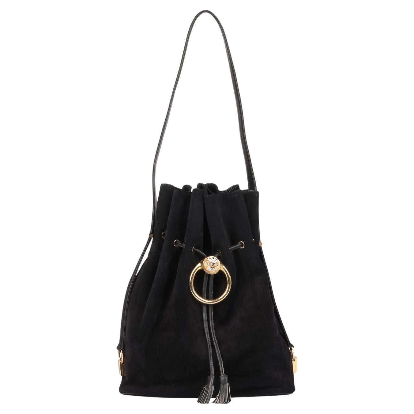 Gucci Black Suede 
Leather Embellished Leopard Vintage Bucket Bag