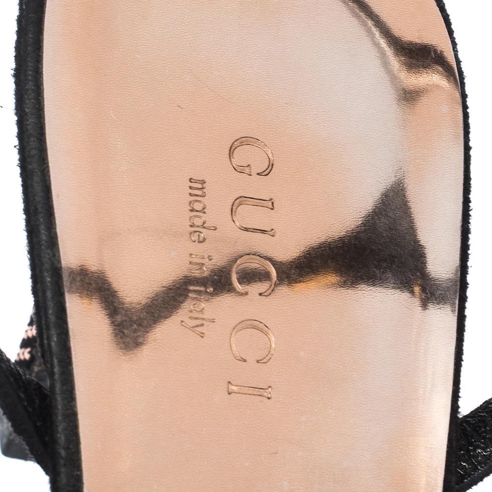 Gucci Black Suede Leather Fleur Studded Ankle Strap Sandals Size 37.5 In Good Condition In Dubai, Al Qouz 2
