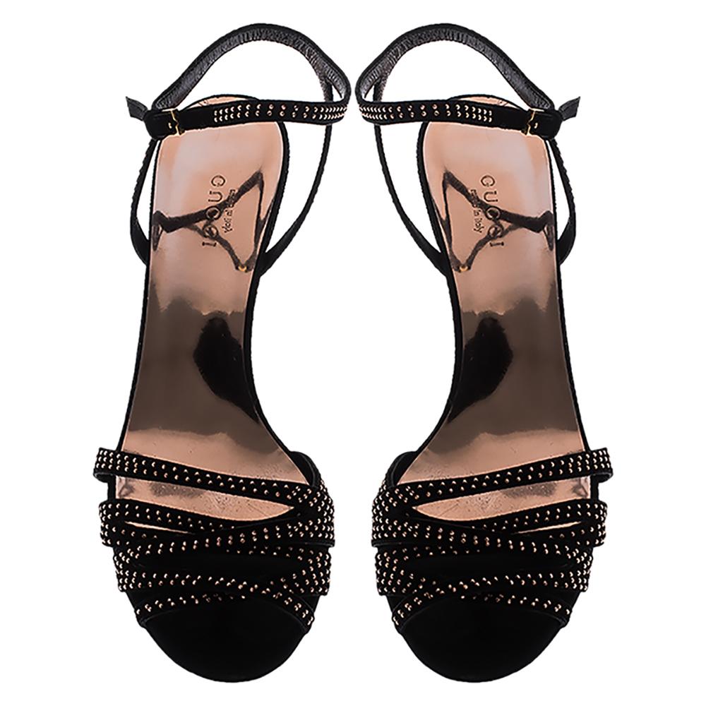 Gucci Black Suede Leather Fleur Studded Ankle Strap Sandals Size 37.5 4
