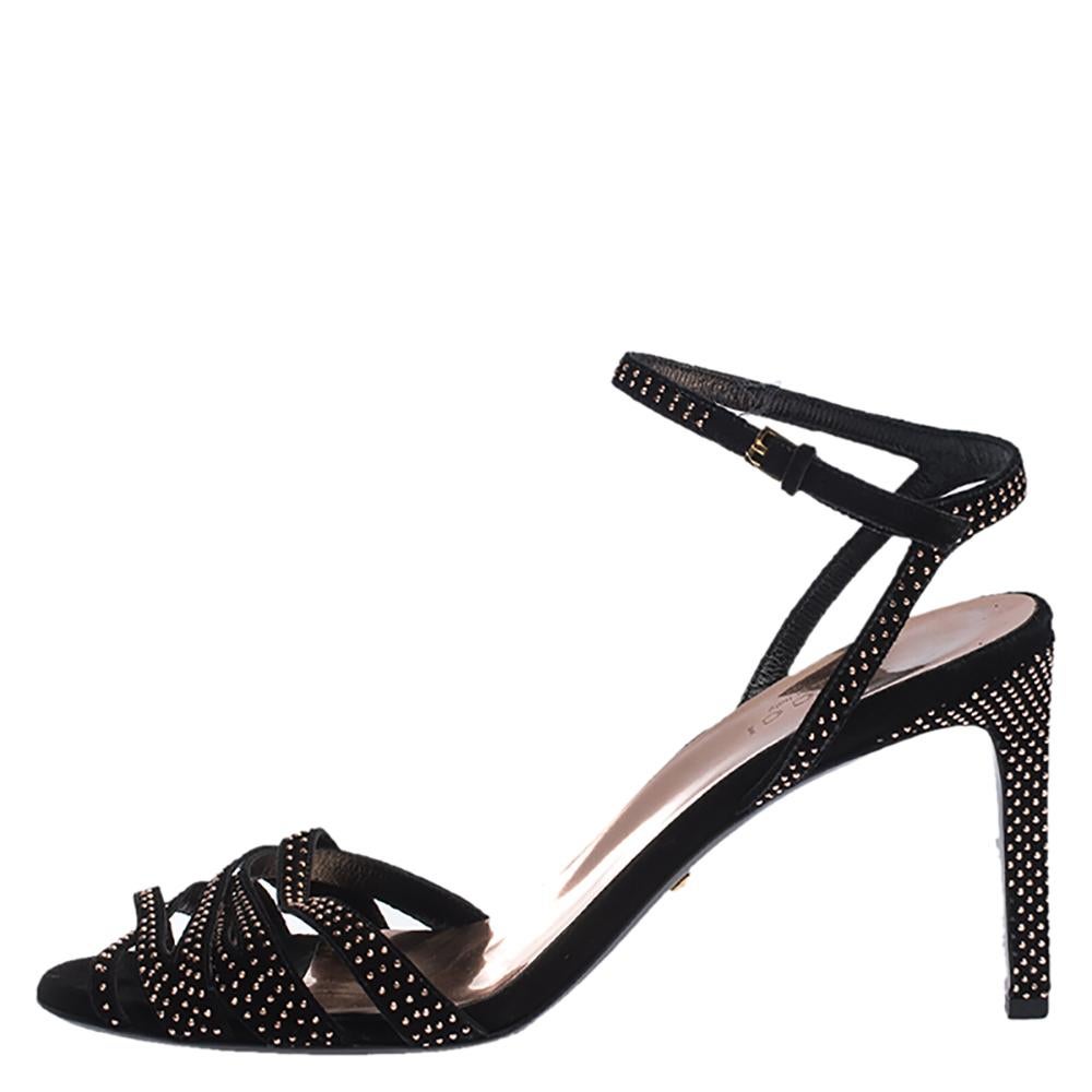 Gucci Black Suede Leather Fleur Studded Ankle Strap Sandals Size 37.5 5