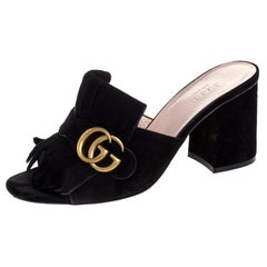Gucci Black Suede Leather GG Marmont Fringe Mules Size 37.5