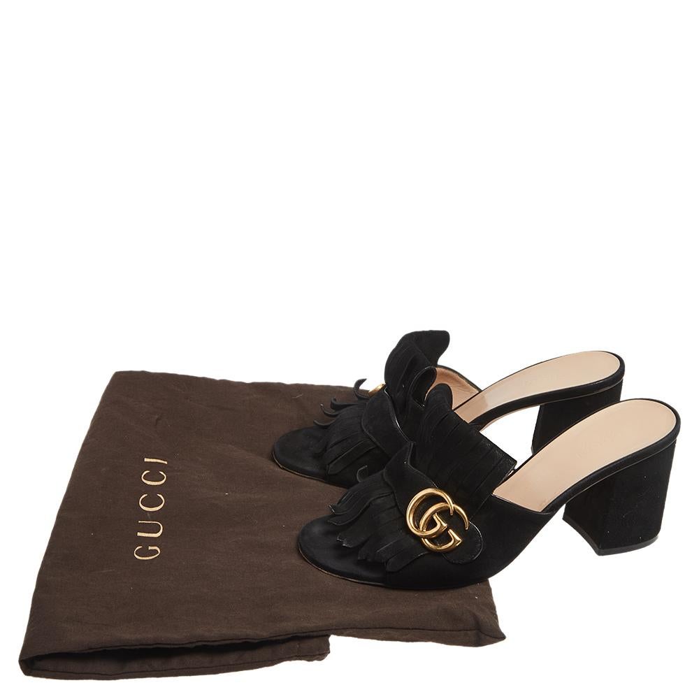 Gucci Black Suede Leather GG Marmont Fringe Mules Size 38.5 1