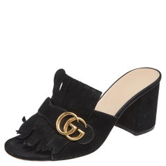 Gucci Black Suede Leather GG Marmont Fringe Mules Size 38.5