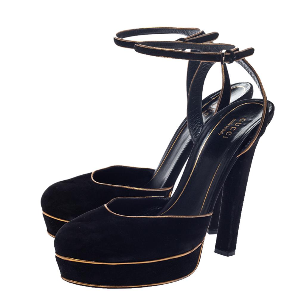 Women's Gucci Black Suede Leather Huston Platform Ankle Strap Sandals Size 38.5