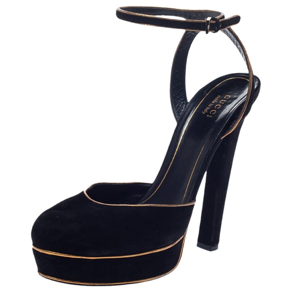 Gucci Black Suede Leather Huston Platform Ankle Strap Sandals Size 38.5
