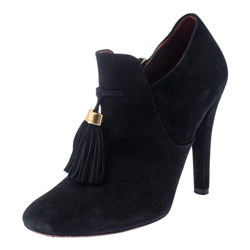 Gucci Black Suede Leather Tassel Booties Size 36.5 For Sale