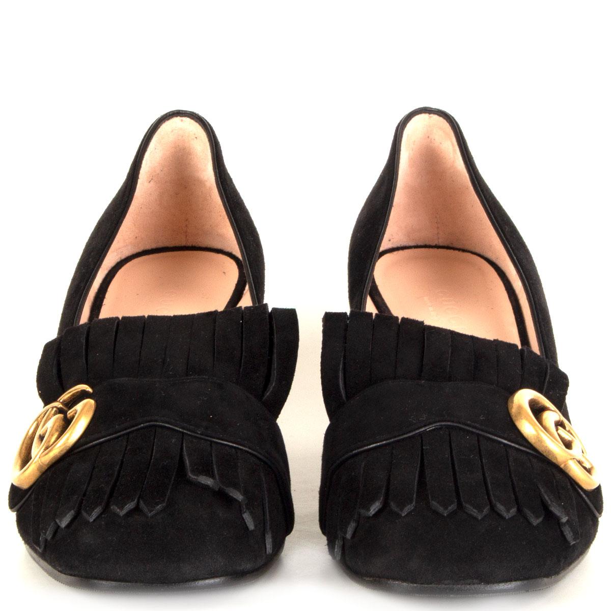 100% authentic Gucci Marmont fringed block-heel loafers in black suede featuring GG buckle logo in antique gold-tone metal. Brand new. Black rubber sole got added. 

Measurements
Imprinted Size	38
Shoe Size	38
Inside Sole	25cm (9.8in)
Width	7.5cm