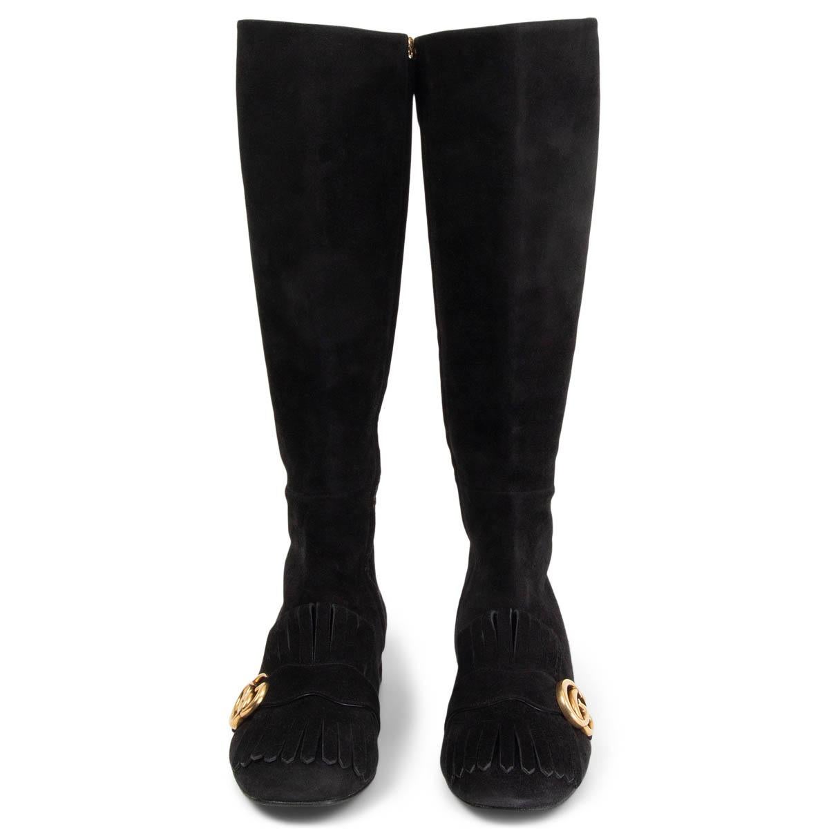 100% authentic Gucci Marmont GG fringe knee high boots in black suede. Open with a zipper on the inside. Have been worn and are in excellent condition. Rubber sole has been added. 

Measurements
Imprinted Size	38.5
Shoe Size	38.5
Inside Sole	25.5cm