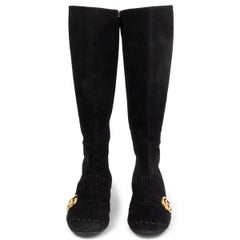 GUCCI black suede MARMONT GG FRINGE FLAT KNEE HIGH Boots Shoes 38.5