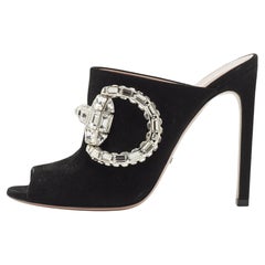 Gucci Black Suede Maxime Crystal Icon Bit Peep Toe Mules 