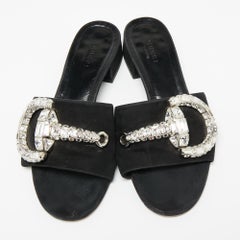 Gucci Black Suede Maxime Crystal Icon Bit Slide Sandals Size 36.5