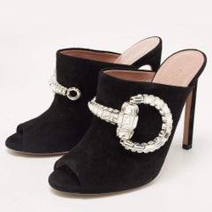Gucci Black Suede Maxime Crystals Embellished Open Toe Slide Sandals Size 38.5