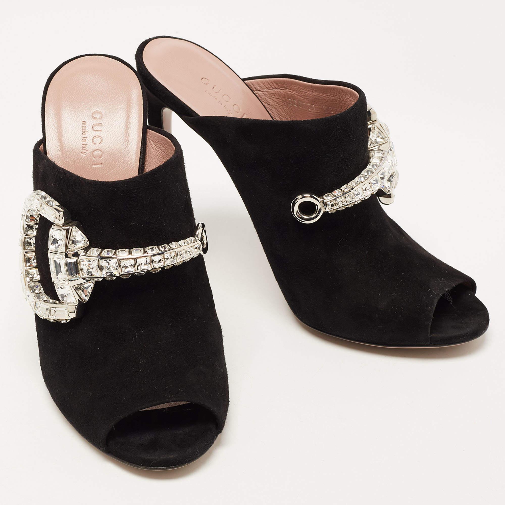 Women's Gucci Black Suede Maxime Crystals Embellished Open Toe Slide Sandals Size 38.5