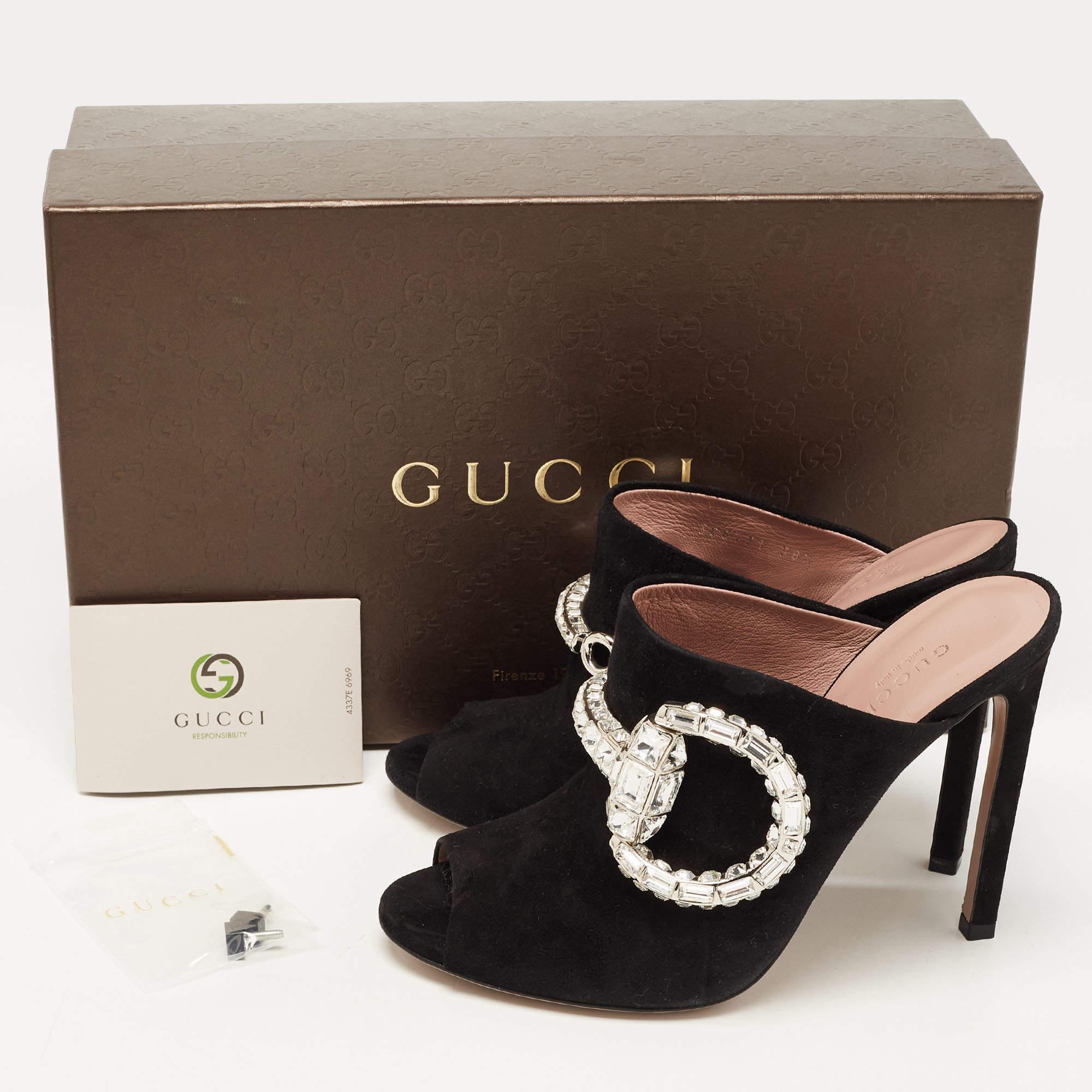 Gucci Black Suede Maxime Crystals Embellished Open Toe Slide Sandals Size 38.5 5