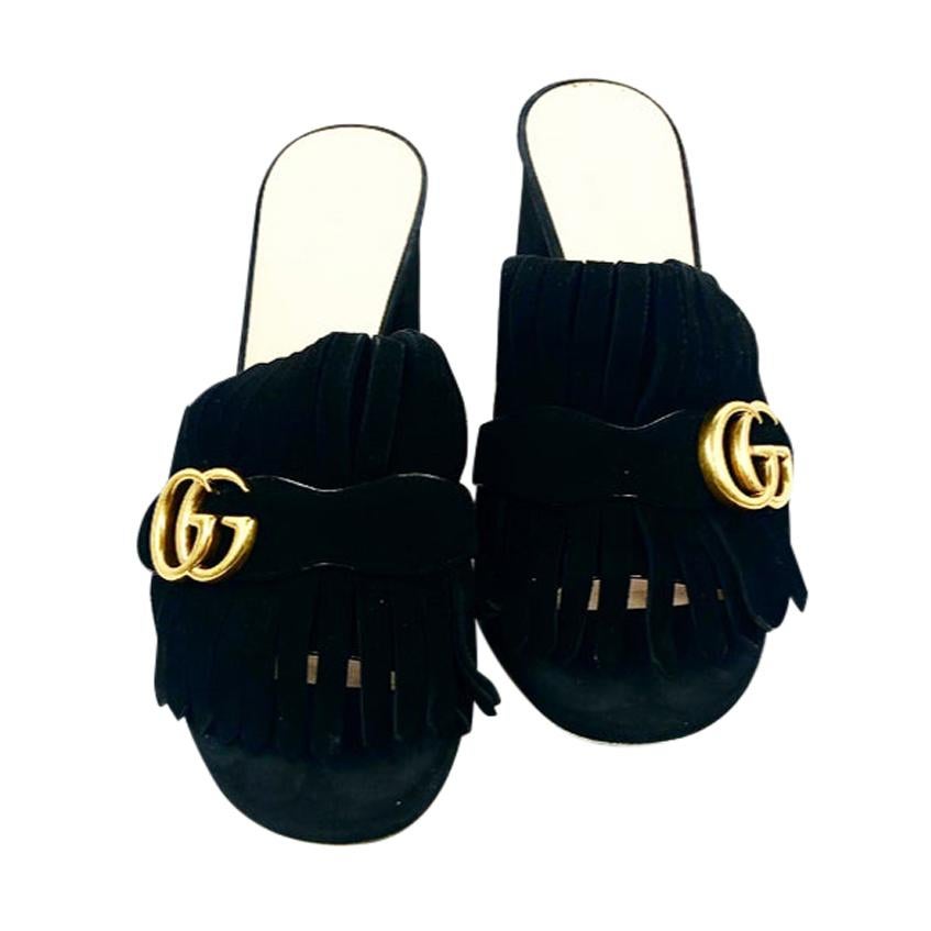 GUCCI Black Suede Mid- Heel Slide Sandals w/ Double G