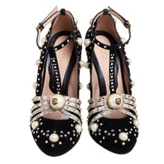 Gucci Black Suede Ofelia Embellished Ankle Strap Pumps Size 37