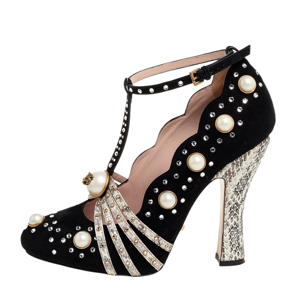 Women's Gucci Black Suede Ofelia Embellished Ankle Strap Pumps Size 37