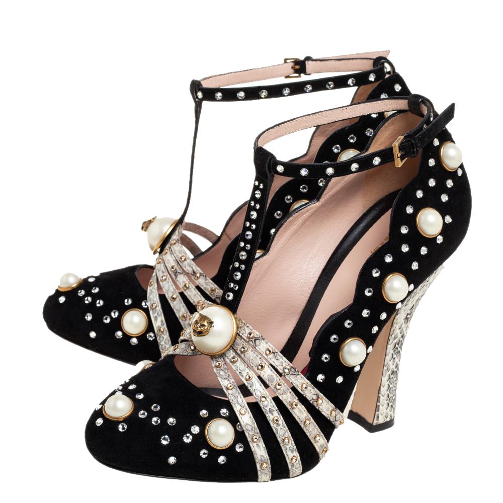 Gucci Black Suede Ofelia Embellished Ankle Strap Pumps Size 37 2