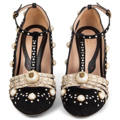 GUCCI black suede OFELIA SNAKE & PEARL ANKLE STRAP PUMPS Shoes 38.5