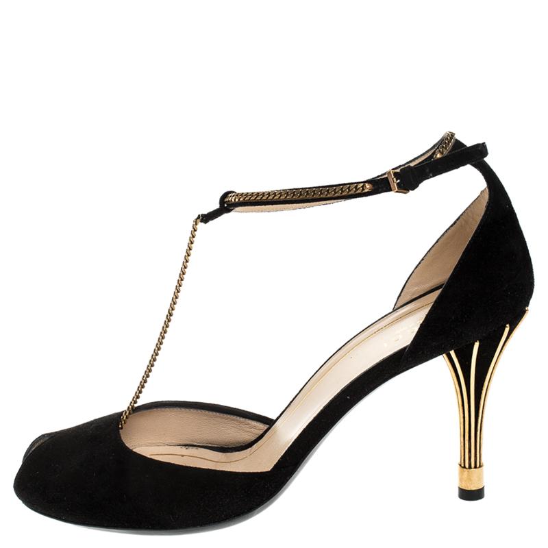 Gucci Black Suede Ophelie Chain Detail Ankle Strap Sandals Size 40 In Good Condition In Dubai, Al Qouz 2
