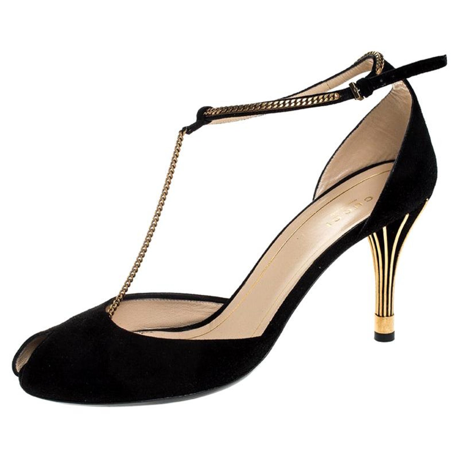 Gucci Black Suede Ophelie Chain Detail Ankle Strap Sandals Size 40 at  1stDibs | gucci ophelie