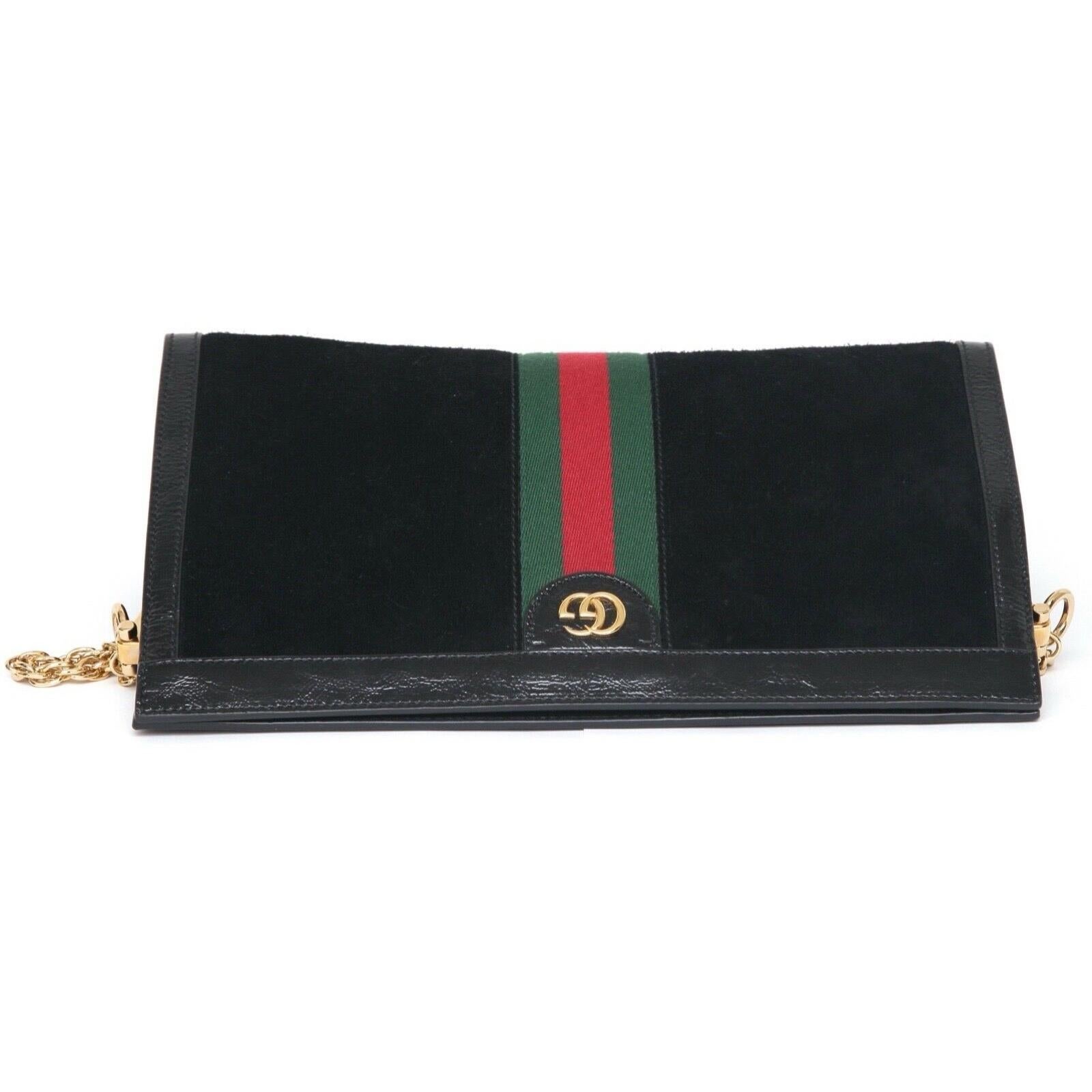 GUCCI Black Suede Patent Leather Bag Medium Ophidia Web Green Chain In Good Condition In Hollywood, FL