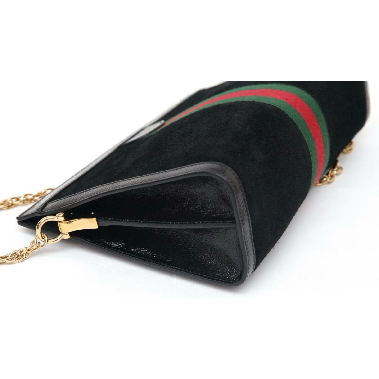 Women's GUCCI Black Suede Patent Leather Bag Medium Ophidia Web Green Chain